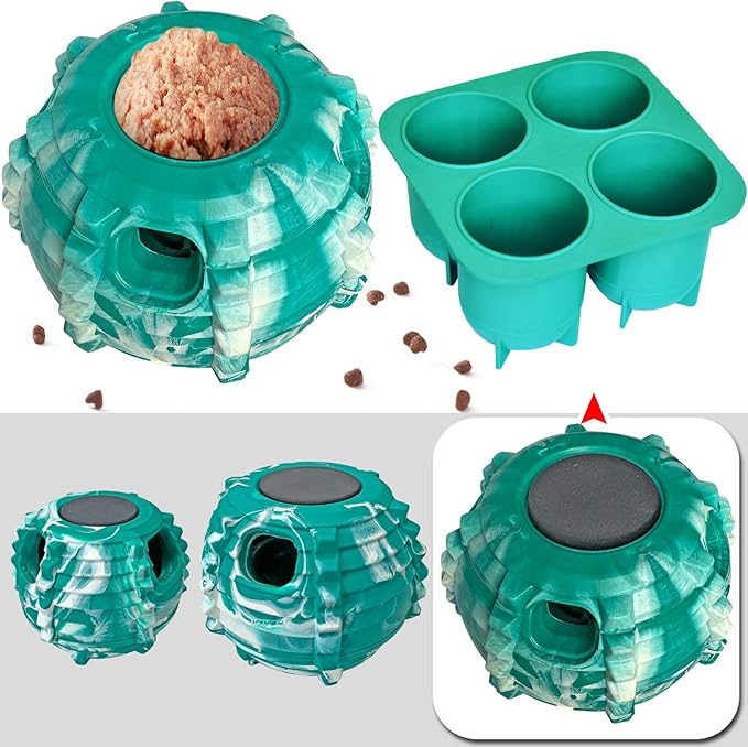 XHX Dog Toy, Durable Large Dog Toys, Freezable Fillable Rubber Dog Toys, Interactive Dog Puzzle Play Toy, Stopper+Silicone Treat Tray (Large, Green and White)
