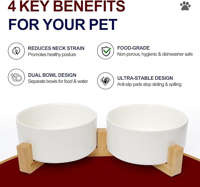 Dog Food Bowl, 13.5 oz Ceramic Modern Design, Dog Water and Food Bowl with Wood Stand, for Puppy & Cat, Non-Slip Feeding Station with Weighted Base, White