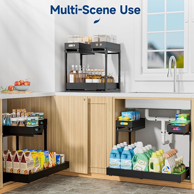 Insputer 2 Pack Under Sink Organizer Expandable Width 9.8"-15" & 2 Tier Under Sink Organizer with 3 Slide Rails, Under Cabinet Storage Expandable 15"-25"