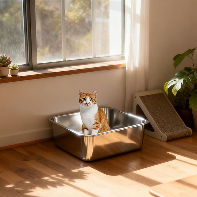 Medium Stainless Steel Cat Litter Box, Open Top Easy Clean Metal Litter Pan — Durable Metal Litter Box with High Sided Walls, No Odor, Non Stick for Indoor, Multi-Cat Homes, Rabbits & Small Pets