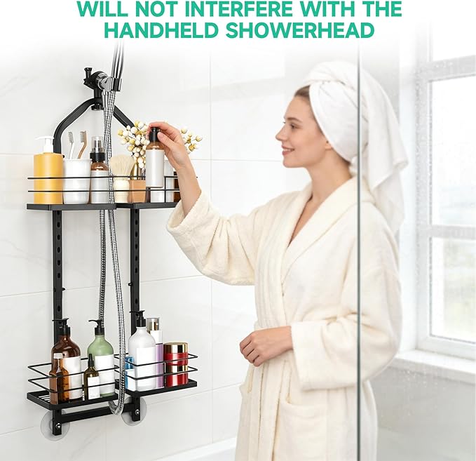 Shower Caddy Hanging for Handheld Showerheads Adjustable Height Extra Long Bathroom Storage Organizer Hanger Rack Rustproof Hose Shower Organizer 4 Levels Height Shower Rack（black