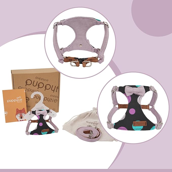 Puppytie No Pull Small Dog Harness with Multifunction Dog Leash,Lightweight Soft Adjustable No Choke Escape Proof Pet Harness Vest Pet Harness Vest,Polka dots Taro Purple,S