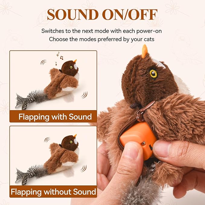 Small Flappy Bird Cat Toy, Interactive Flapping Chirping Wings (No Flying) Cat Toy, Simulated Sparrow Catnip Toy for Indoor Cats and Kittens, Sound on/Off Switchable, 5.51×4.72×1.97 Inches
