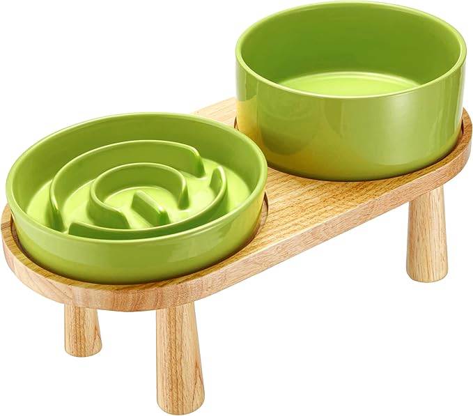 Ceramic Slow Feeder and Water Bowl Set for Medium and Large Dogs, 8.0 Inches Ceramic Dog Bowls Elevated with Wooden Stand, 2.0 Cups Dog Slow Feeder(30oz) and 70oz Water Bowl Set, Green