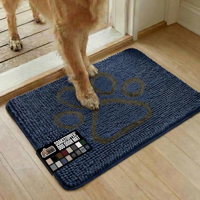 GORILLA GRIP SoakSTOPPER Dog Door Mat, Machine Washable Rug Absorbent Doormat Captures Moisture Mud Dirt, Quick Dry Soft Chenille Entryway Rugs Indoor Entrance Mats for Dog Paws, 24x17 Navy
