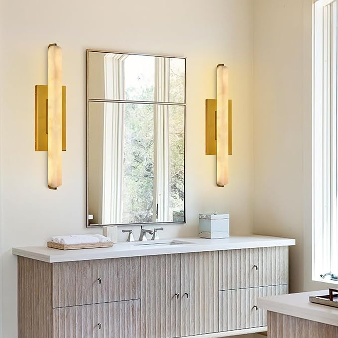 Alabaster Wall Sconces Set of Two, 25" Brass Alabaster Sconce, Spanish Natural Marble Bathroom Vanity Sconces, Rectangle Modern Sconces Lighting for Bedroom Living Room Staircases Hallway