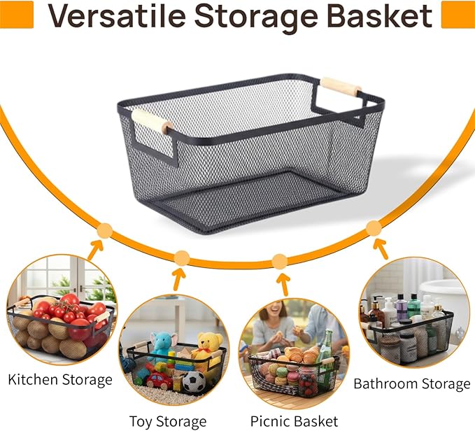 2-Pack Metal Mesh Basket, Small Wire Storage Organizer with Wood Handle for Kitchen Pantry, Bathroom, Cabinet, Closet, Picnic & Home Organization,Small, Black