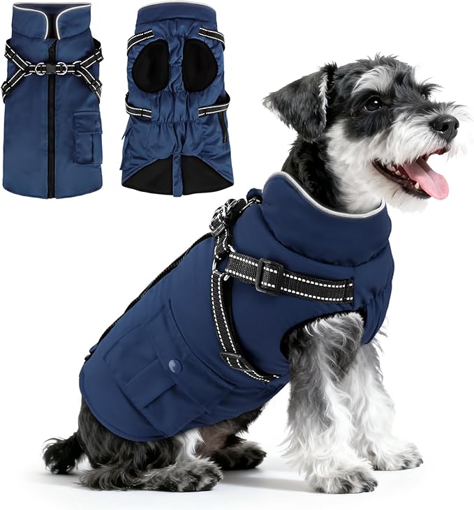 Dog Winter Coat with Harness Built-in | Waterproof Dog Jacket with Zipper & Fleece Lining | Reflective Cold Weather Coat for Small Medium Large Dogs
