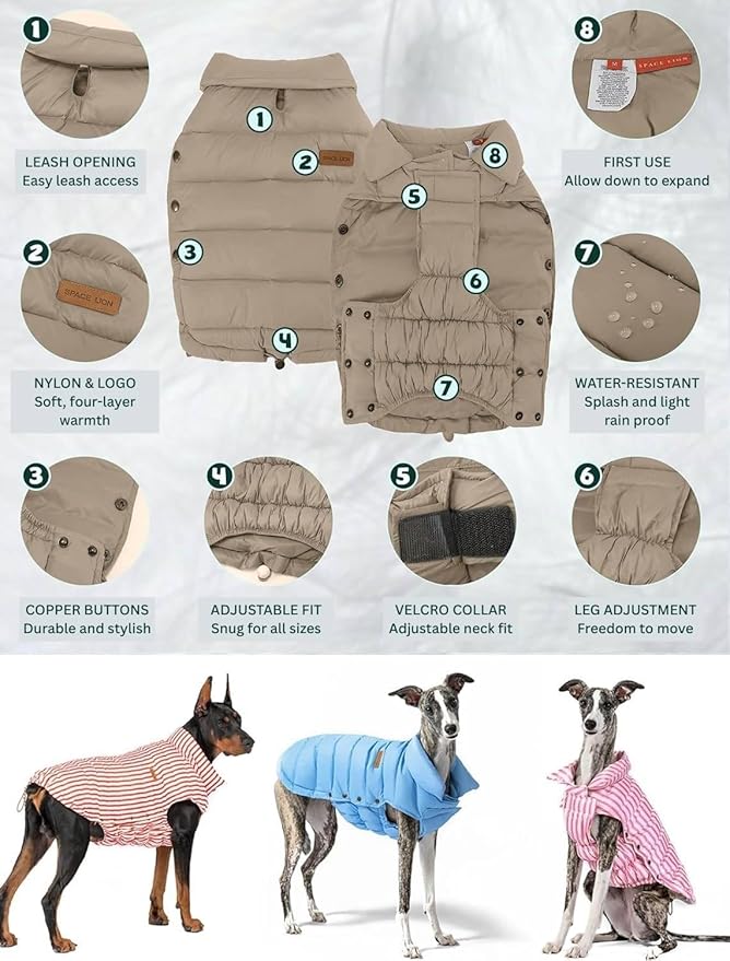 SPACE LION Dog Puffer Jacket, Down Winter Coat, Durable Outdoor Coat for Cold and Windy Conditions, Lightweight & Adjustable Fit Coats for Large Dogs, (Khaki, Size24/2XL)
