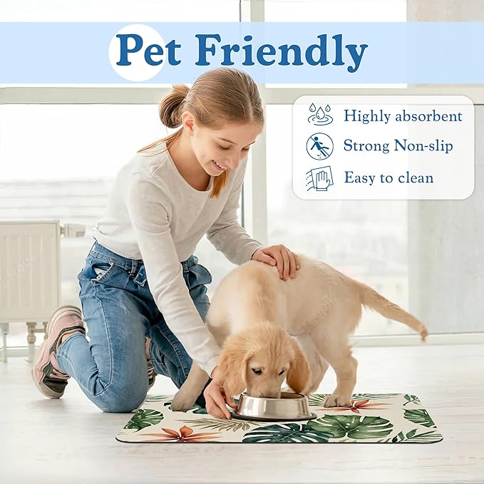 Boho Tropical Palm Pet Feeding Mat–Christmas Stocking Quick Dry Absorbent Dog Cat Food Mat, Non Slip Waterproof Bowl Placemat for Messy Eaters, Pet Accessories for Floors 12"x20"