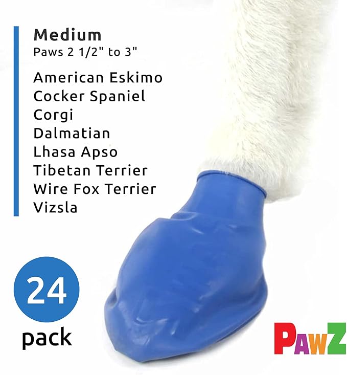 PawZ Rubber Dog Boots for Medium Paws - All-Weather Waterproof Dog Shoes, Anti-Slip Traction for Rain, Snow, Mud & Hot Pavement - Pull-On Dog Booties, Blue - Medium (2.5" - 3") - Pack of 24