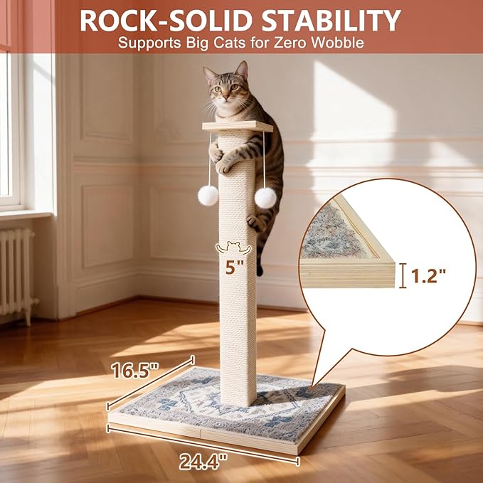 Tall Cat Scratching Post Cat, Modern Cat Scratcher for Indoor Cats, Cat Scratch Post with Carpet, Natural Sisal, Dangling Toy Balls and Perches, for Kittens & Adults