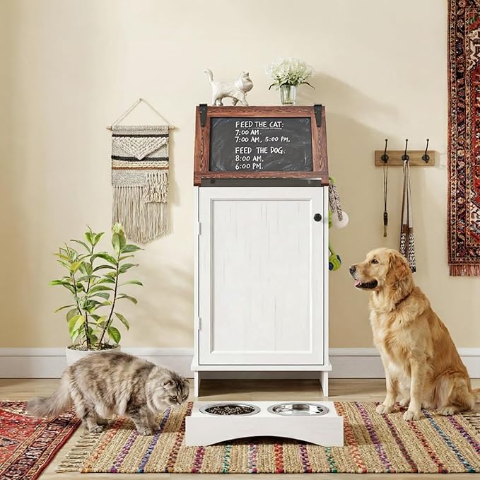 Flip-Top Dog Feeding Station, Dog Food Cabinet with Storage, Dog Food Station with Hidden Feeding Fowls, Pet Storage Cabinet, Pet Food Holder, White Oak Grain