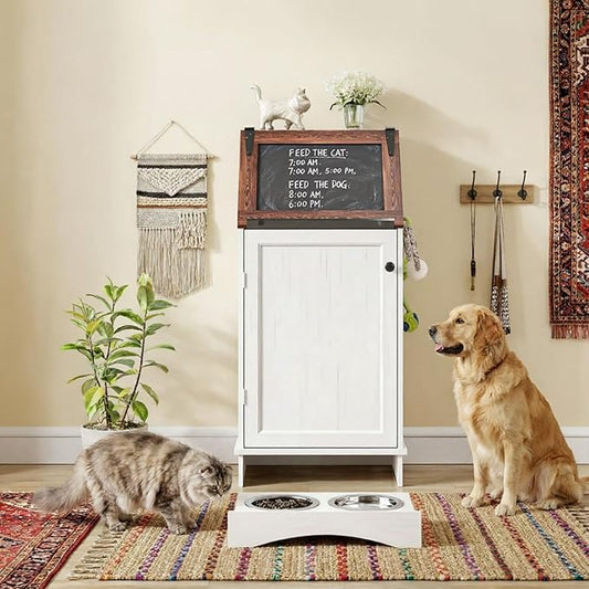 Flip-Top Dog Feeding Station, Dog Food Cabinet with Storage, Dog Food Station with Hidden Feeding Fowls, Pet Storage Cabinet, Pet Food Holder, White Oak Grain