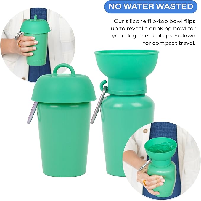 Springer by Springland Flip Portable Dog Water Bottle with Foldable Food Grade Silicone Bowl - 20 Ounce Travel Dog Water Bottle Ideal for Camping - Easy Squeeze Hydration & Release to Drain
