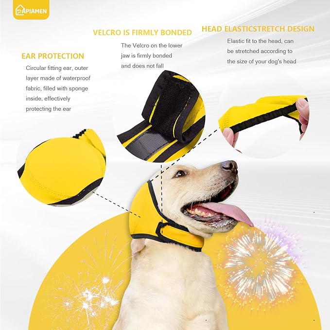 Dog Ear Cover for Hematoma,Bathing,Grooming,Drying,Fashion No Shake Ear Wraps for Dogs Ear Muffs Noise Protection Anxiety Relief,Waterproof Dog Calming Hoodie Shower Cap(Yellow,L)