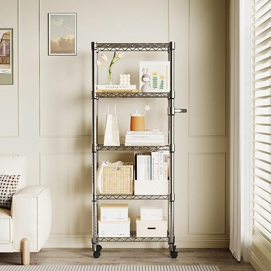 5-Tier Storage Shelves with Wheels and Adjustable Shelf, Heavy Duty Metal Shelving Unit Wire Rack Rolling Storage Shelving for Pantry Kitchen Garage Bedroom, 61" H x 23.6" W x 11.8" D