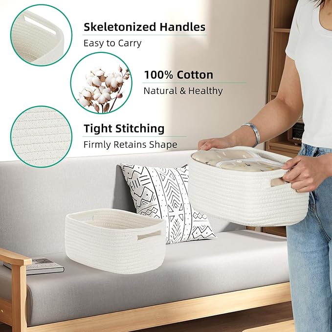 Bidtakay Small Cotton Rope Storage Baskets for Organizing 3 Pack Woven Baskets for Storage Closet Organizer Bins for Shleves 11.8×7.8×5 inch Cute Boho Decorative Basket with Handles - Off White