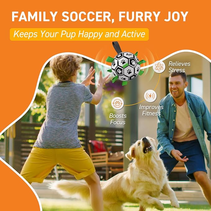 QDAN Dog Soccer Balls Toy with Bell Inside, Outdoor Interactive Dog Toys, Durable Ropes Squeaky Ball for Medium Large Dogs (8 Inch)