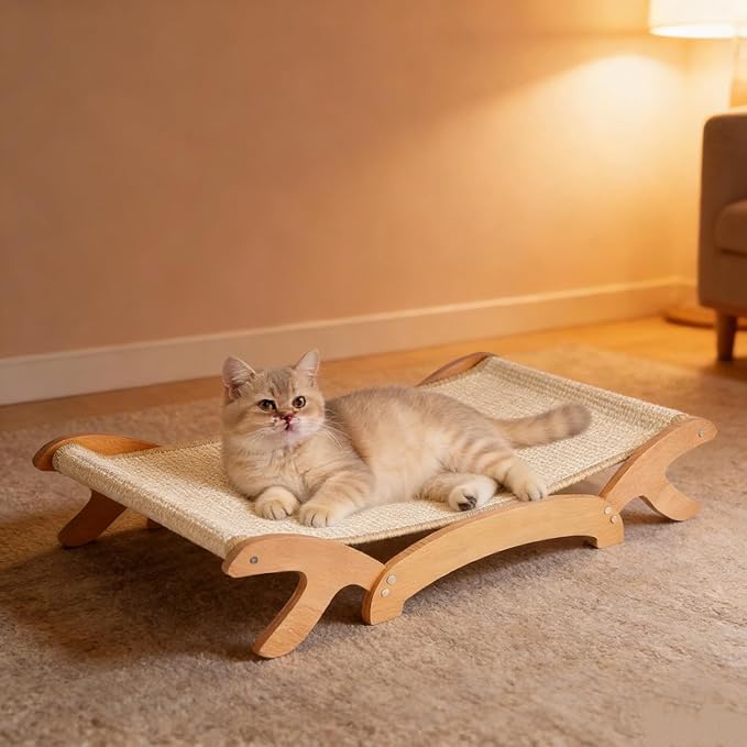Elevated Cat Bed with Sisal Hammock for Cats, Large Sisal Scratcher Bed for Indoor Cats, Solid Beech Wood Frame up to 22Lbs (26.3" Lx16.1 Dx4.7 H)