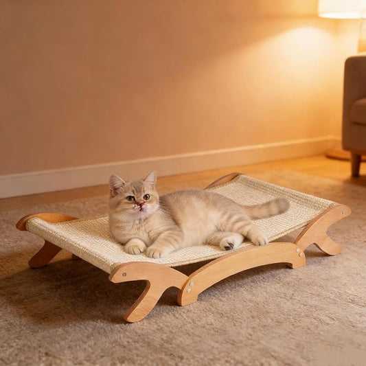Elevated Cat Bed with Sisal Hammock for Cats, Large Sisal Scratcher Bed for Indoor Cats, Solid Beech Wood Frame up to 22Lbs (26.3" Lx16.1 Dx4.7 H)