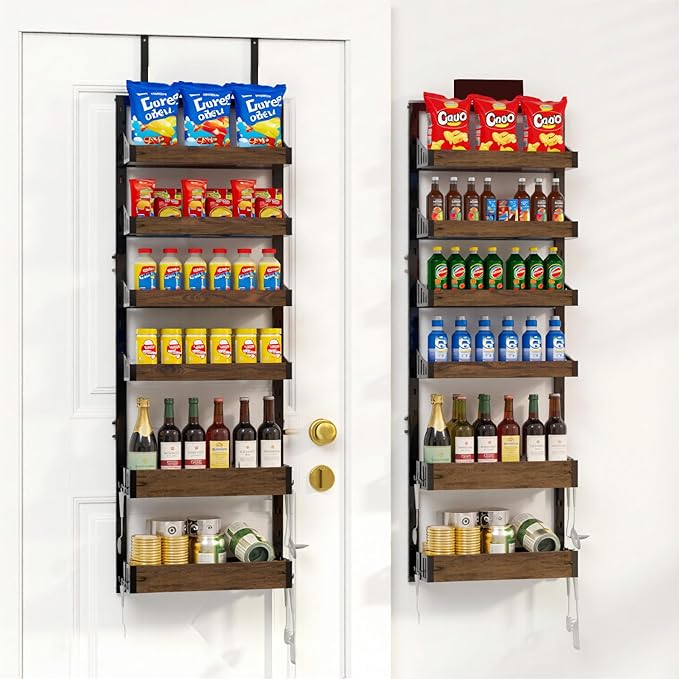 Over the Door Pantry Organizer: Storage and Pantry Organization with Hanging Basket - 6-Tier Metal Spice Rack Adjustable Shelves for Kitchen Laundry Room Bedroom & Bathroom Black