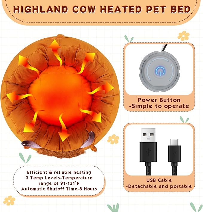 Highland Cow Heated Cat Bed - Cute Round Dog Bed for Winter, Warming Pet Bed for Indoor Cats & Small Dogs, Washable Calming Nest with Heating Pad & Timer, Cow Pet Heating Pad for Cats and Dogs