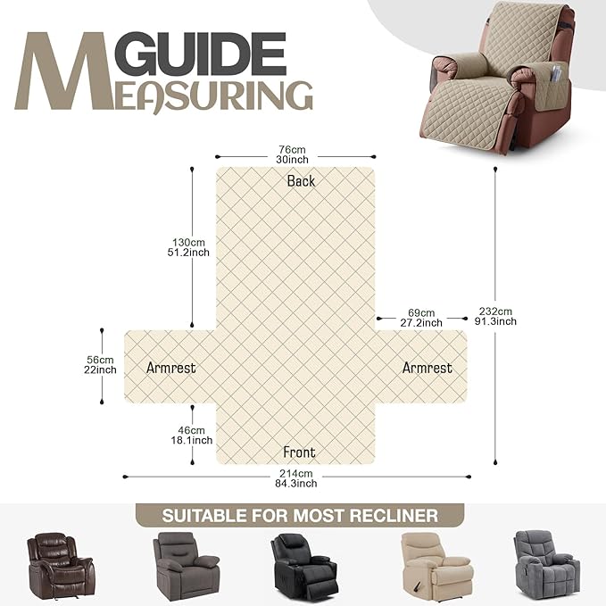 KinCam 100% Waterproof Recliner Chair Cover, Reclining Couch Covers for Pets, Dogs, Recliner Couch Slipcover Furniture Protector with Elastic Straps for Kids(30", Khaki)