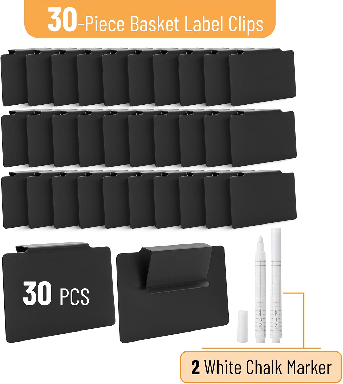 Basket Labels Clip On Set, 32 pcs — 30 Removable Bin Labels Clip On with 2 Chalk Markers
