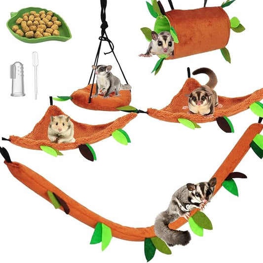 5Pcs Sugar Glider Supplies Cage Accessories Hammock Set Hanging Bed Hideout for Small Animal Pets Hamster Guinea Pig Squirrel Gerbils