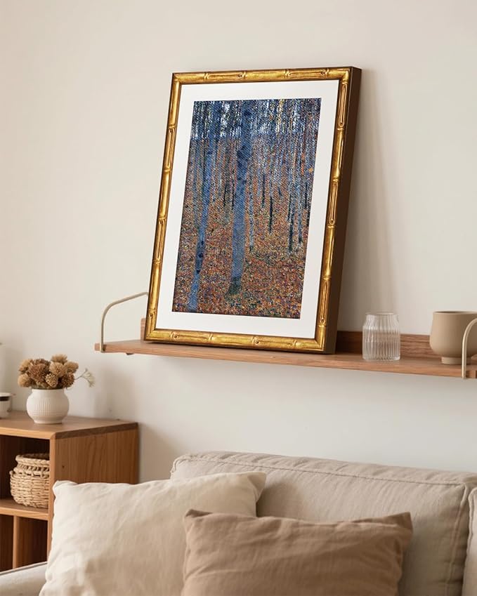 Vintage Gold Framed Canvas Wall Art 12x16 Inches Abstract Woodland Impressionist Artwork, Blue Orange Tones Landscape Painting, Modern Gallery Style Living Room Bedroom Office Bathroom Decor