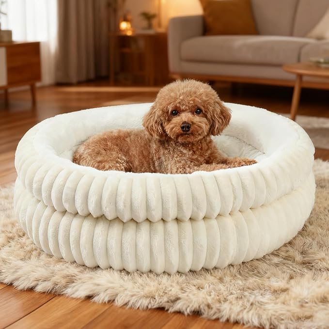 Washable Round Donut Dog Bed,Cat Beds for Indoor Cats,Fluffy Puppy Dogs Beds for Small Dogs with Anti-Slip Bottom(White, Medium)