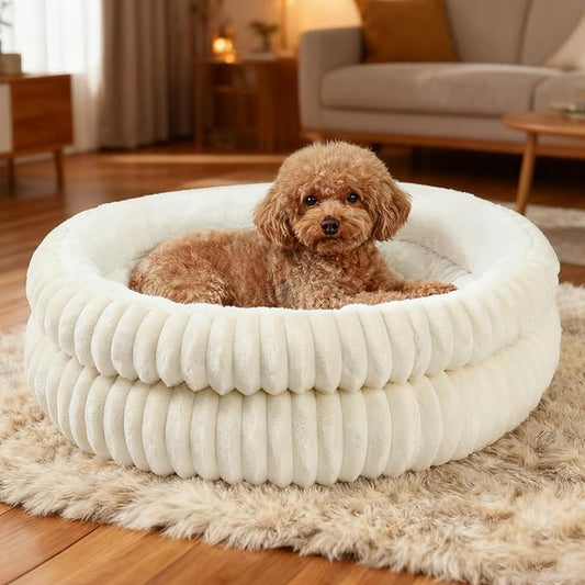 Washable Round Donut Dog Bed,Cat Beds for Indoor Cats,Fluffy Puppy Dogs Beds for Small Dogs with Anti-Slip Bottom(White, Medium)