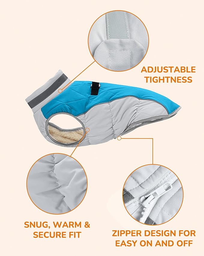Dog Coat for Small Dogs, Adjustable Dog Jackets for Cold Weather, Reflective Winter Coat with Built-in Harness, Snowsuit Fits Dogs 7-14 lbs and Up, Size S Blue