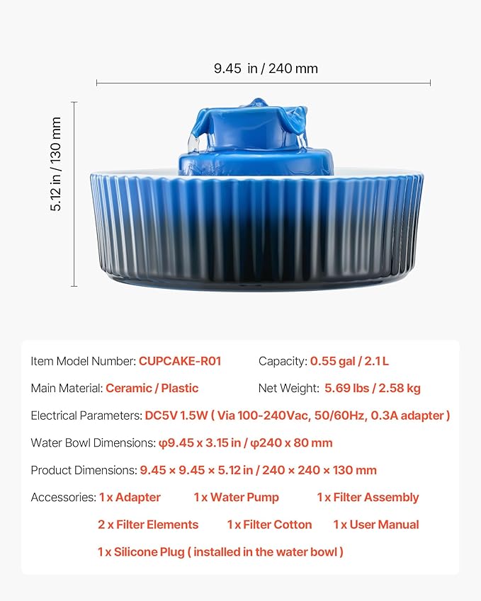 Ceramic Cat Water Fountain, VEVOR 2.1L/71oz Cupcake Pet Fountain Cat Water Bowl, Porcelain Water Dispenser, Ultra-Quiet Pump, 360° Drinking Area & Multi-Layer Filtration, for Cats and Dogs (Blue)