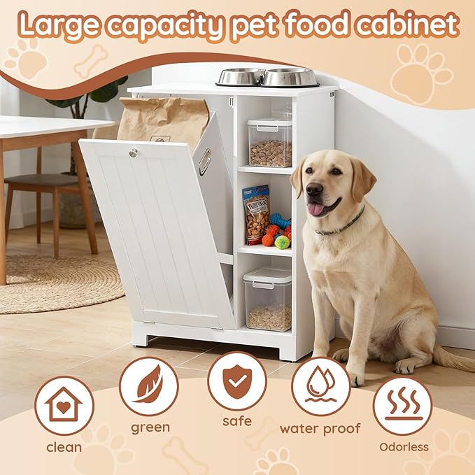 Dog Food Storage Cabinet with Tilt-Out Bin and Open Shelves, Pet Storage Organizer Cabinet with Magnetic Door and Anti-Tip Design, White Kitchen or Bathroom Furniture, BZR105-W