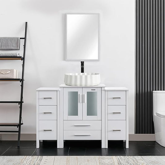 eclife 48" Modern Bathroom Vanity Sink Combo Freestanding Cabinet with Small Side Cabinet, White Shell Ceramic Vessel Sink, Water Save Faucet, Drain (White+T54)