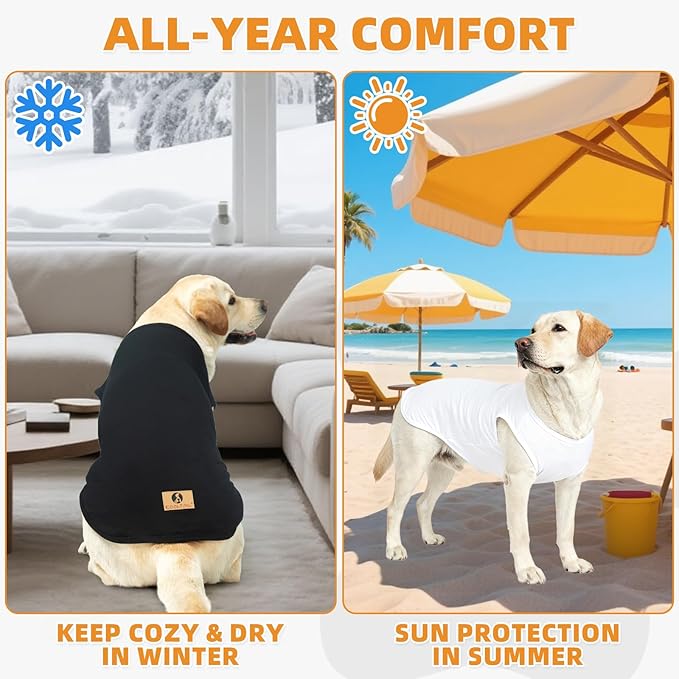 KOOLTAIL Boy Dog Clothes for Large Dogs, 2 Pack Cotton Fall/Winter Warm Dog T Shirts Coats for Outdoor, UV & Insect Protection Anti-Hair Loss & Lightweight Pet Vest Tank Tops Apparel,White&Black,2XL