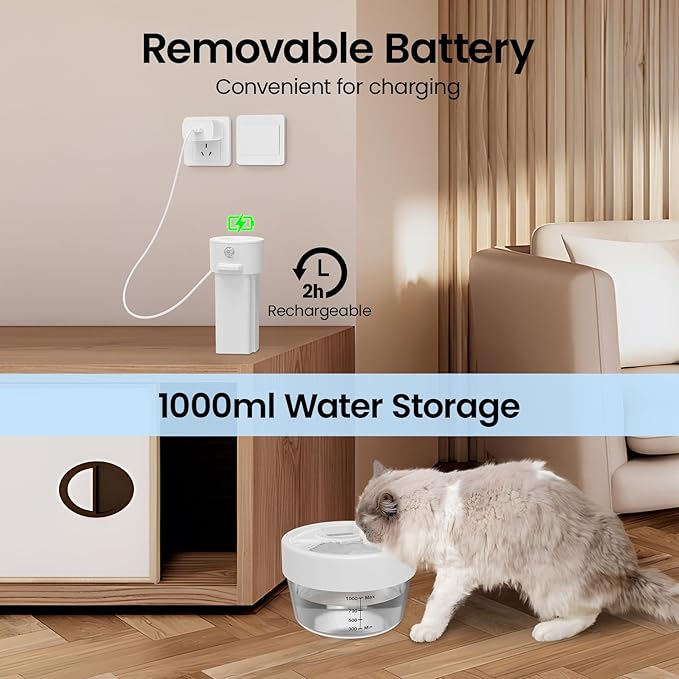 MASBRILL Cat Water Fountain, Battery Operated Water Fountains for Cats Indoor - 1L Wireless & Automatic Cat Water Dispenser - Pet Drinking Fountain with Filter/Motion Sensor/Silent Pump