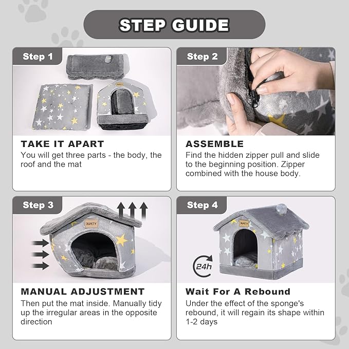 JIUPETY Cute Small Dog House Indoor, Foldable House Kennel Bed Mat with Cushion, L Size Dog Tent for 11-16 lb Dogs and 18-22 lb Cats, Dog Cave Bed with Non-Slip Bottom, Grey