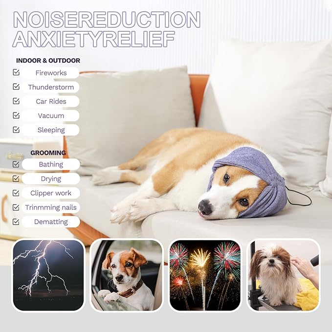 Ear Muffs for Dogs,Calming Hoodie Thunder Head Wrap,No Shake Anxiety Relief Pet Covers Ear Noise Protection Vest for Dogs for Fireworks,Vet Visits,Bathing(Purple,L)