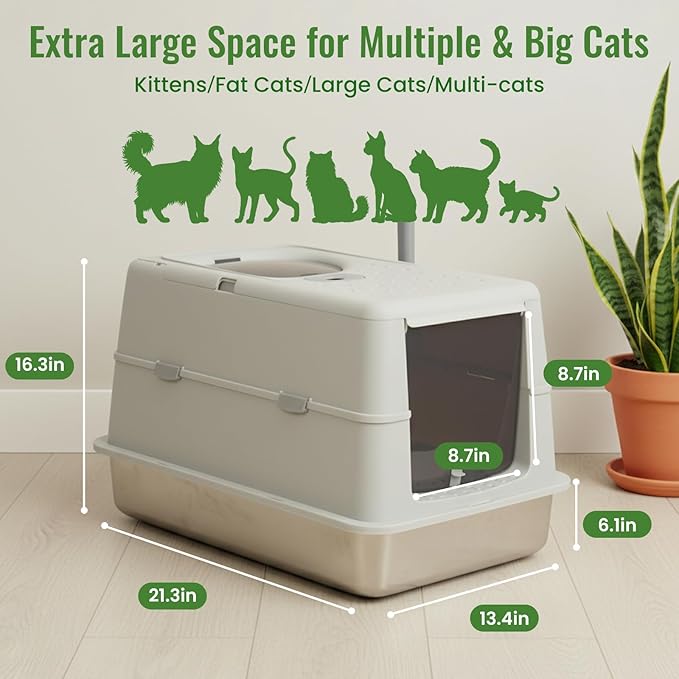 Stainless Steel Cat Litter Box, Extra Large Enclosed Heavy Duty Metal Litter Box with Odor Locking & Leak-Proof, Easy Clean Non-Stick Anti-Splash High Sides Litter Box for Multi-Cat & Big Cats (Gary)