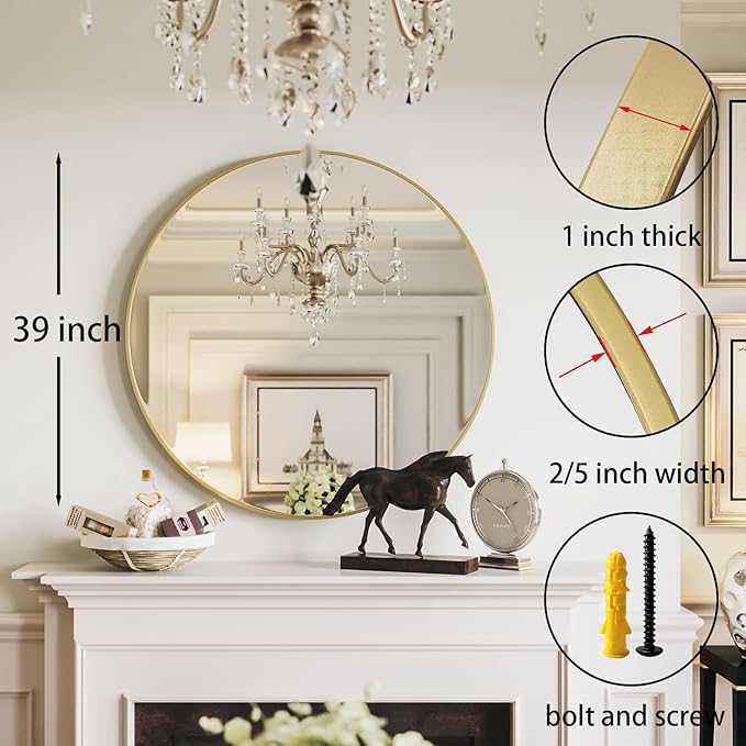 Growsun 39 inch Gold Round Mirror Large Wall Mounted Circle Mirror Metal Frame for Bathroom, Entry, Dining Room, & Living Room