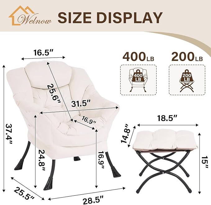 Welnow Lazy Chair with Ottoman, Modern Lounge Accent Chair with Armrests and a Side Pocket, Leisure Sofa Armchair, Reading Armchair with Footrest for Small Space, Beige