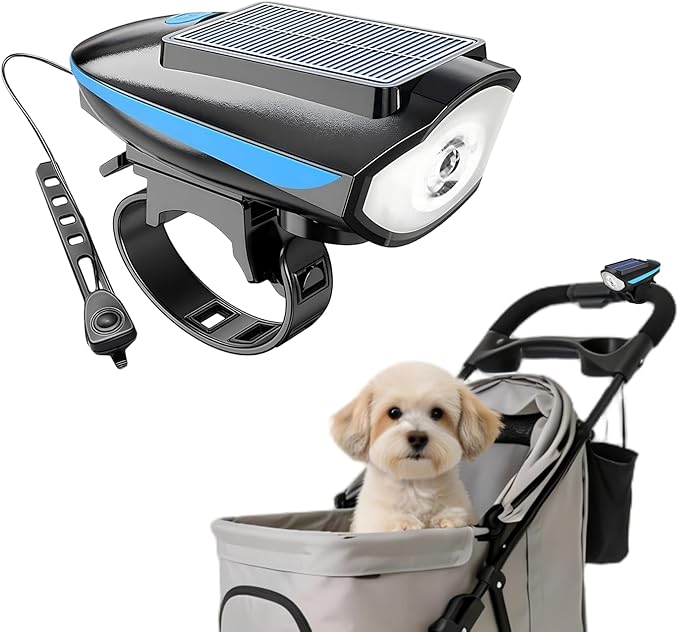 Pet Stroller Light, Solar Powered LED Light for Dog Stroller, Cat Stroller, Wagon – 3 Modes (S/H/F) with Safety Horn, USB Rechargeable, IPX4 Waterproof, Wrap & Hook Strap for Easy Attachment