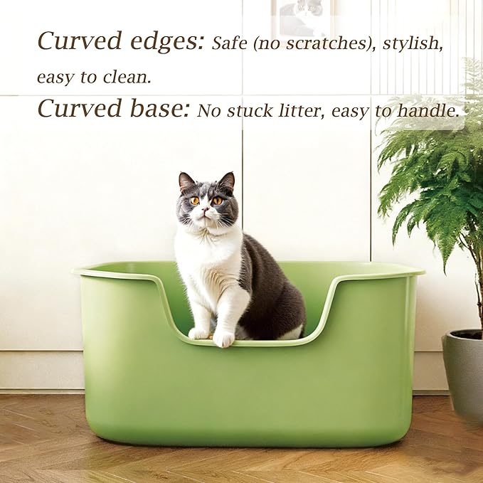 Large Cat Litter Box with High Sides, Side Entry Open Top Deep Tall Litter Pan, Kitty Litter Box for Indoor Small and Medium Cats, Green (Anti-Splashing) 19.7" L x 15.4" W x 8.6" H