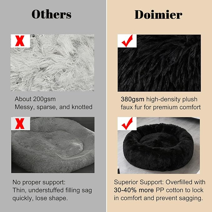 Calming Donut Dog Beds for Small Dogs Cats - Washable Removable Cover Non-Slip Bottom, Round Pet Bed Puppy Bed Warming Fluffy Faux Fur Anti-Anxiety, Fits up to 25 lbs (Black, 23")