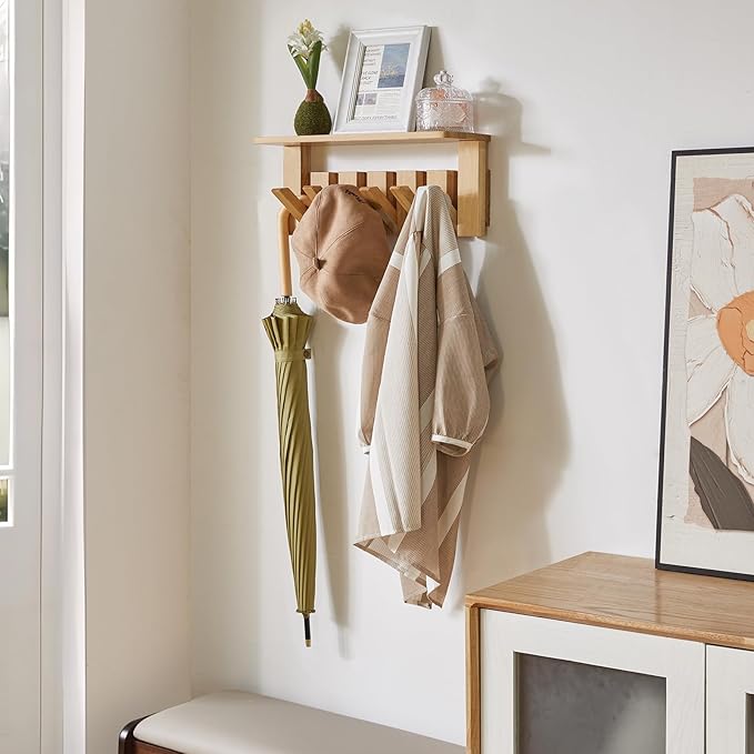 YMYNY Coat Rack Wall Mount with Shelf, 2 Pack Wall Shelf with Retractable Hooks, Wooden Wall Coat Rack for Entryway, Bedroom for Hanging Clothes/Coats/Keys/Hats/Towels/Bags, Natural, HWS008N-2
