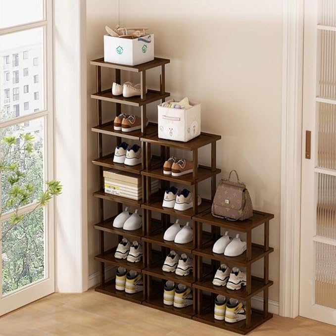 Vertical Shoe Rack-Tall Narrow Shoe Rack Organizer for Small Spaces,12Tier Bamboo Shoen Shelf for Entryway,Closet,Corner,Doorway,Skinny Shoe Shelf Space Saving Shoe storage,Free Stackable DIY