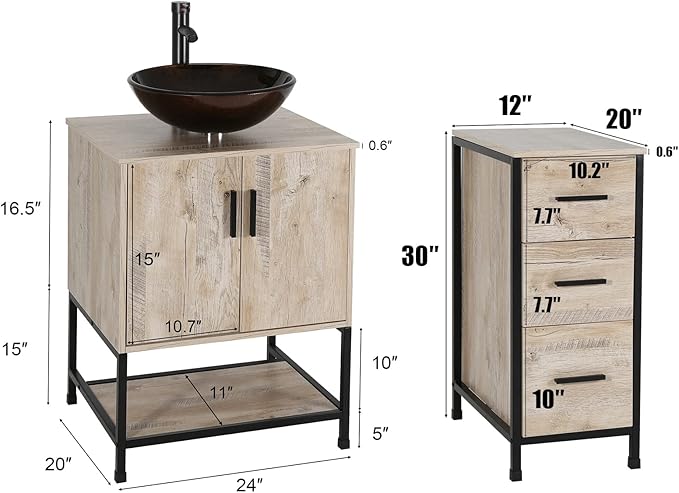 eclife 36" Bathroom Vanity Sink Combo Modern Metal Stand Cabinet W/Bottom Shelf & Storage Side Cabinet Brown Round Vessel Sink & Water Save Faucet & Pop Up Drain, Oak (A09)